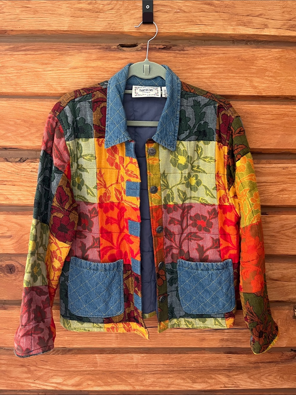Tantrums Multicolor Patchwork Floral Quilted Jacket with Denim Trim